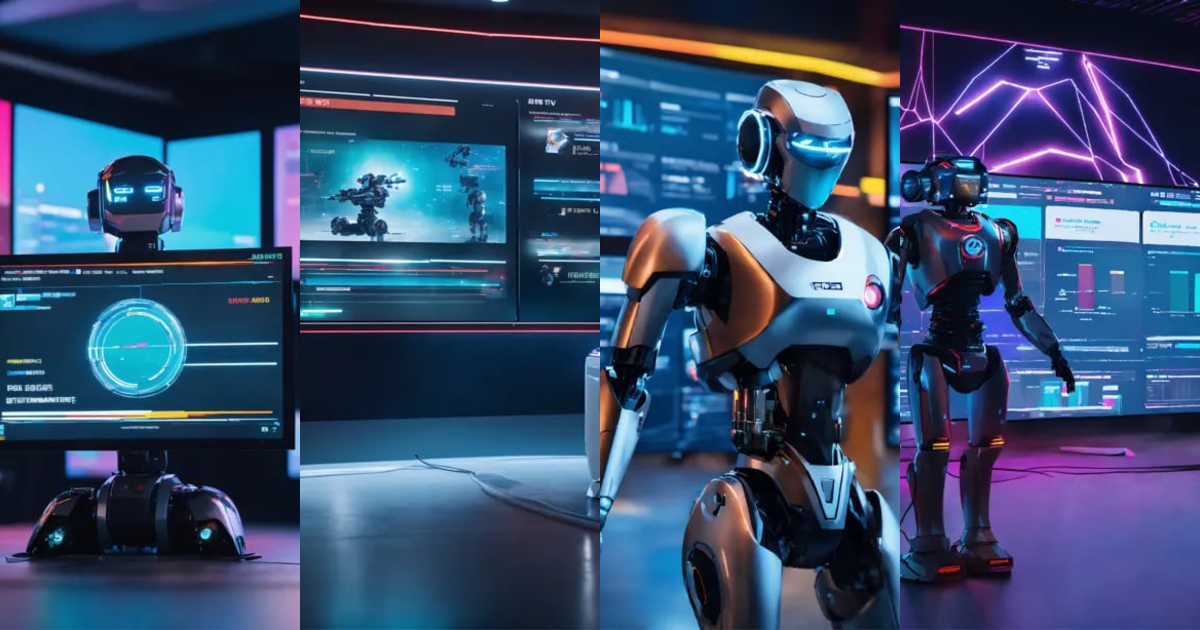 Lexica - Three futuristic robots monitoring 6 digital marketing ...