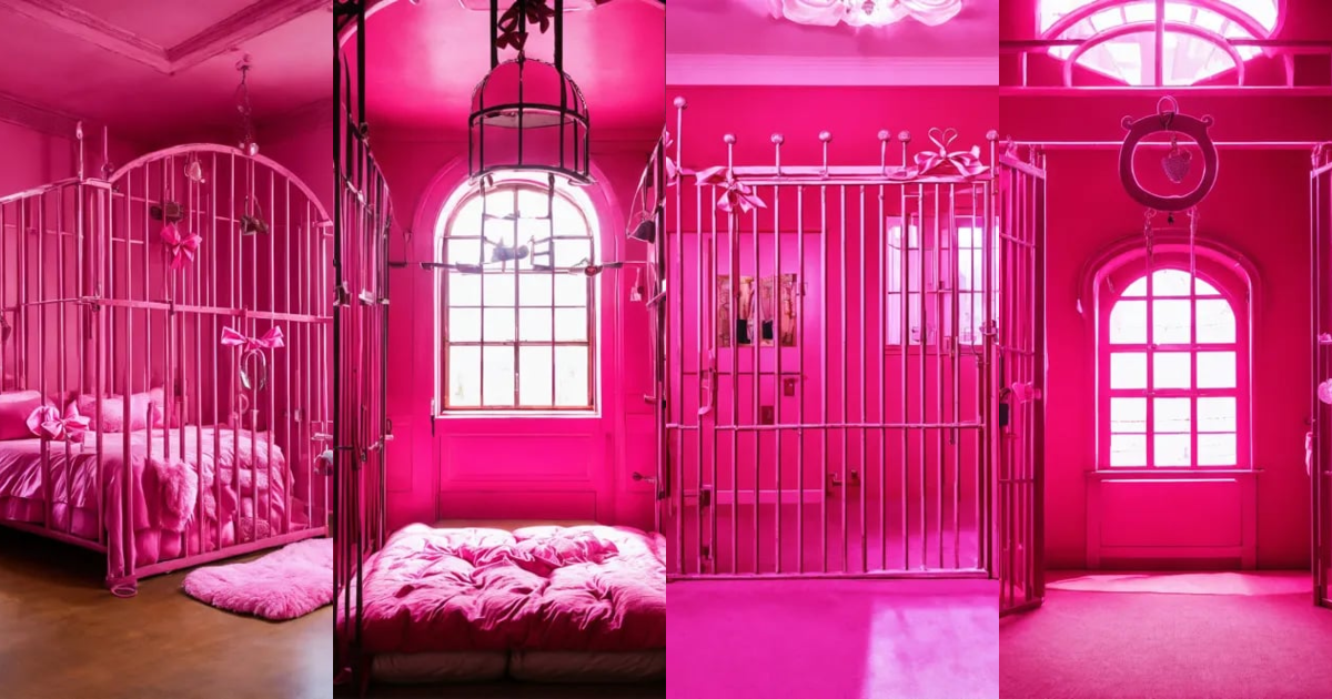 Lexica Pink princess bedroom, bows, pillows, plush, over the top