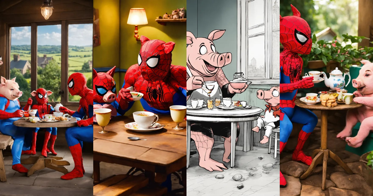 Lexica - Spider man with the three little pigs having tea