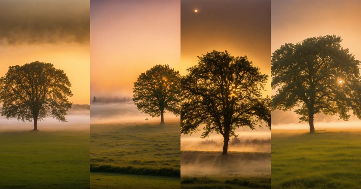 Lexica - A single tree in a meadow covered with morning fog