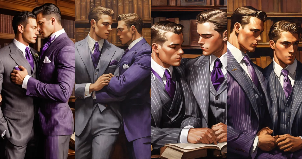 Lexica Two muscled male lawyers in grey pinstripe vested suit, black