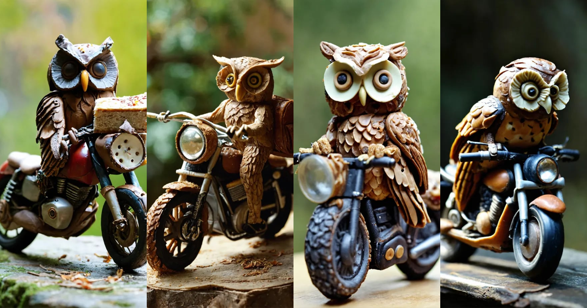 Lexica - An owl made of torten riding a motorbike