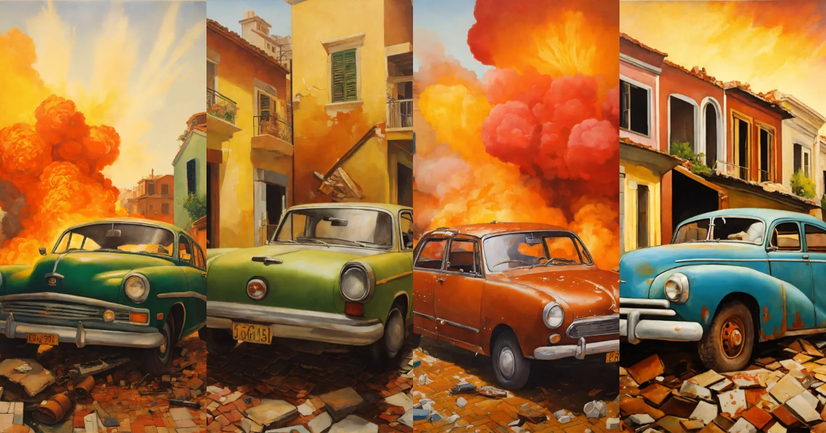 Lexica - Car bomb, explosion, urban landscape, Fernando Botero ...