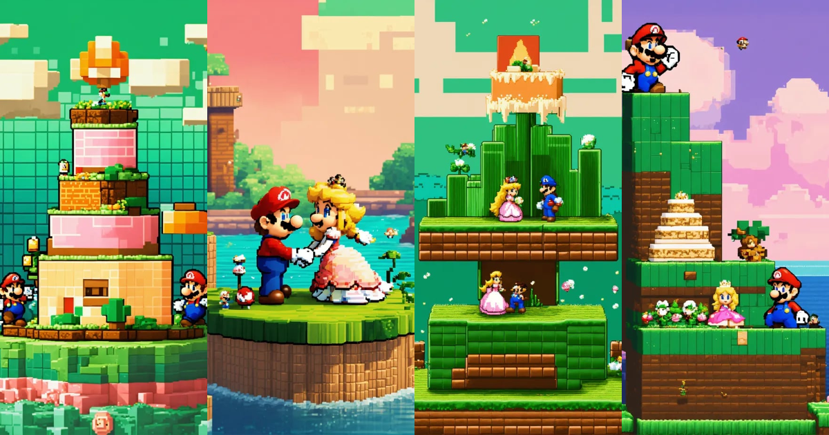 Lexica - Mario and Princess Peach on a pixelated wedding cake, blocky ...