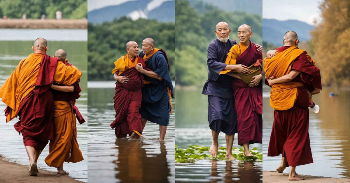 Lexica - Senior monk carrying a woman in his arms to cross the lake