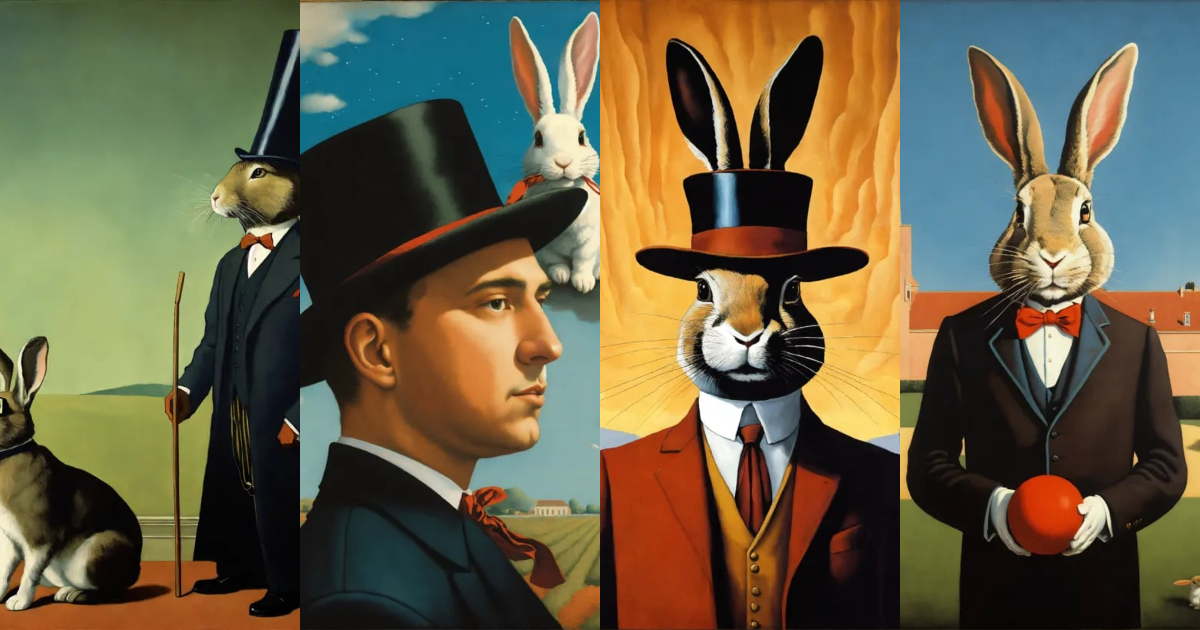 Lexica - Magician, painted by Rene Magritte with big magic rabbit with ...