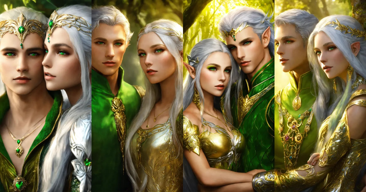 Lexica - Fantasy, man and woman, elf, gold skin, green eyes, silver ...