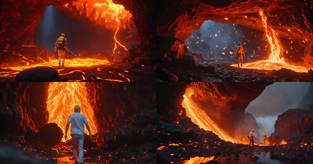 Lexica - Inside of a dark cave with lava as the floor, and a man who is ...