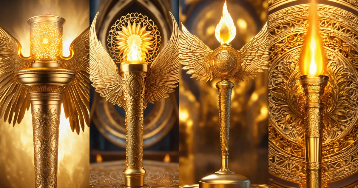 Lexica - Powerful, detailed torch, real, 3D, golden colored torch with ...