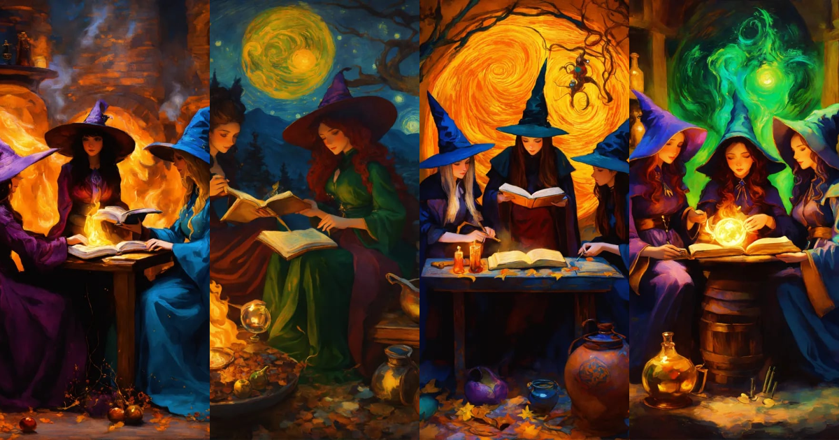 Lexica - 3 fantasy art witches creating a potion. The one in the middle ...