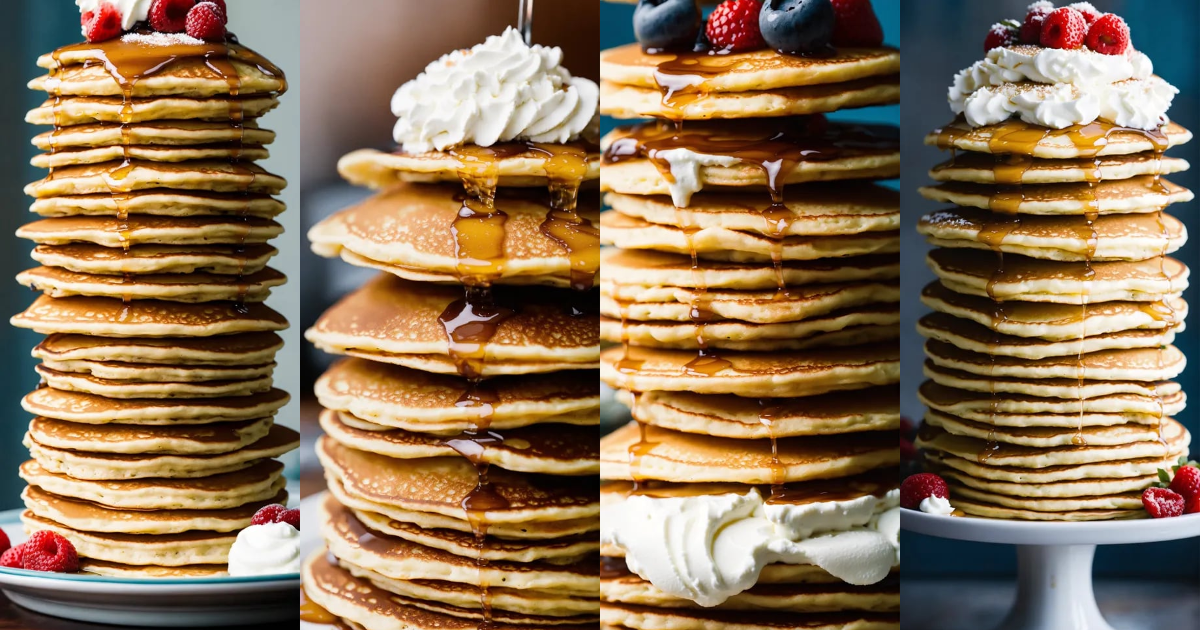 Lexica - A photo of a very tall stack of pancakes, whipped cream ...