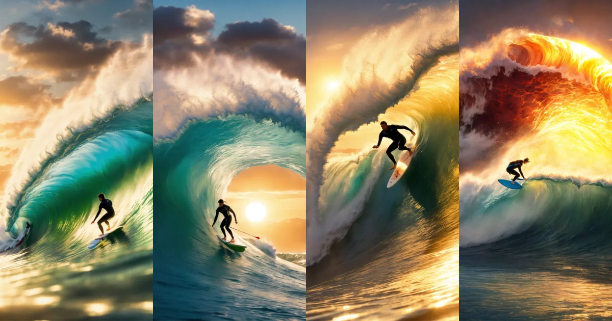 Lexica - A hyperrealistic image of a surfer riding a tsunami. There is ...