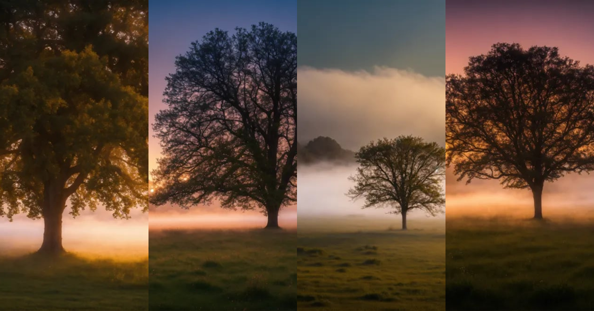 Lexica - A single tree in a meadow covered with morning fog, Glamor ...