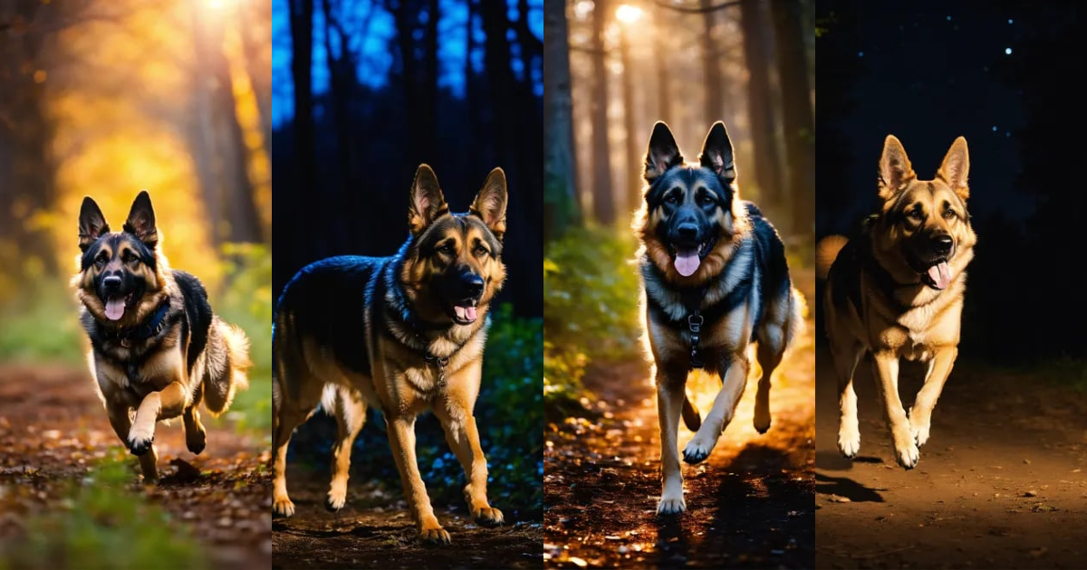 Lexica - German shepard dog running in woods at night