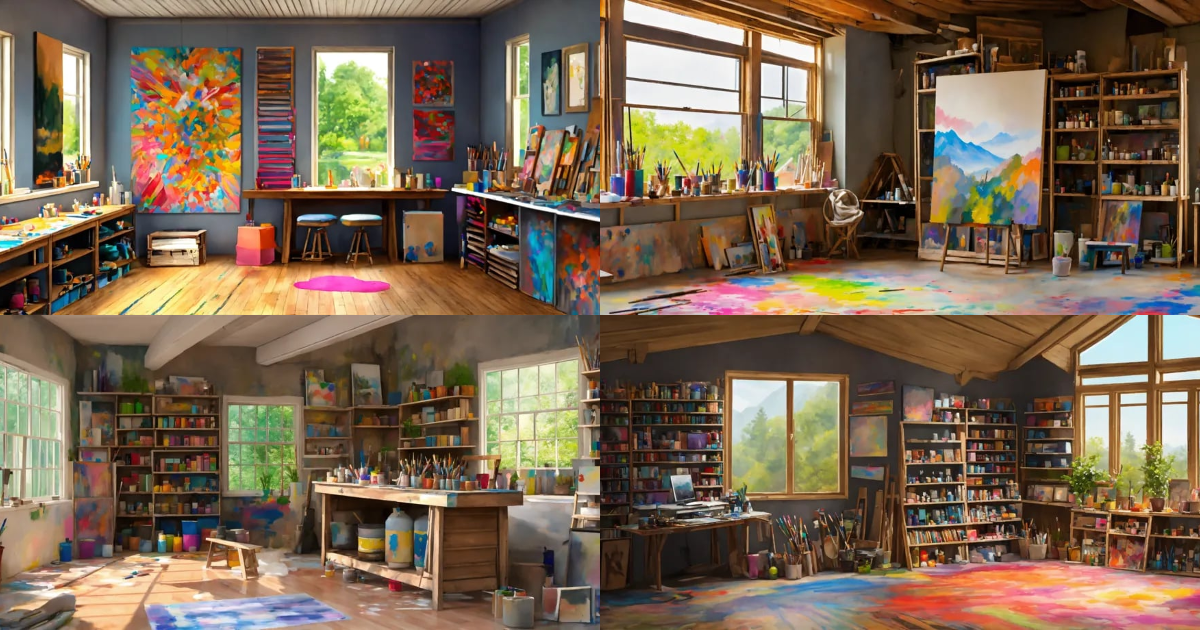 Lexica - Concept art of an art studio, paintings on a canvas, stacked ...