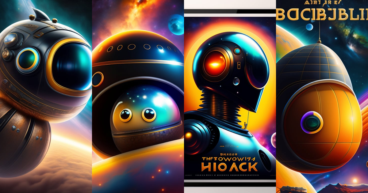 Lexica - Buff robot, black clam head, goggly eyes, in space, movie poster