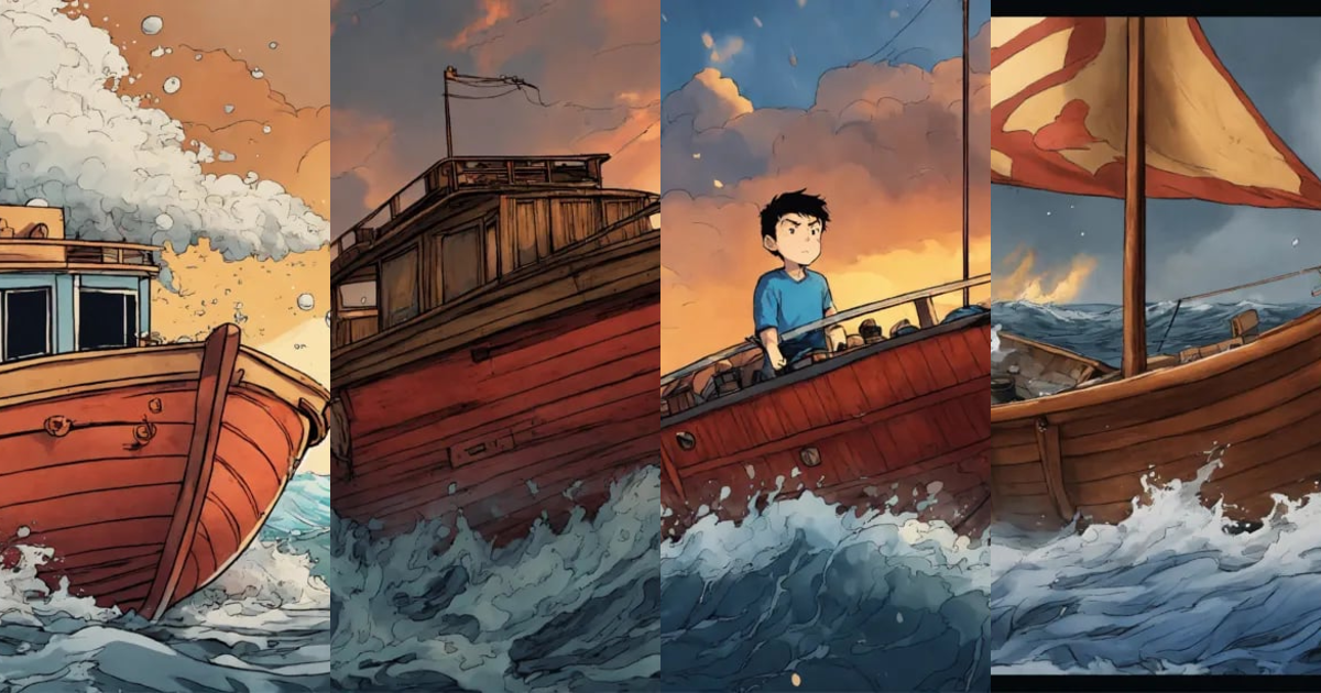 Lexica - Draw me a picture in the form of a comic book of a boat with ...