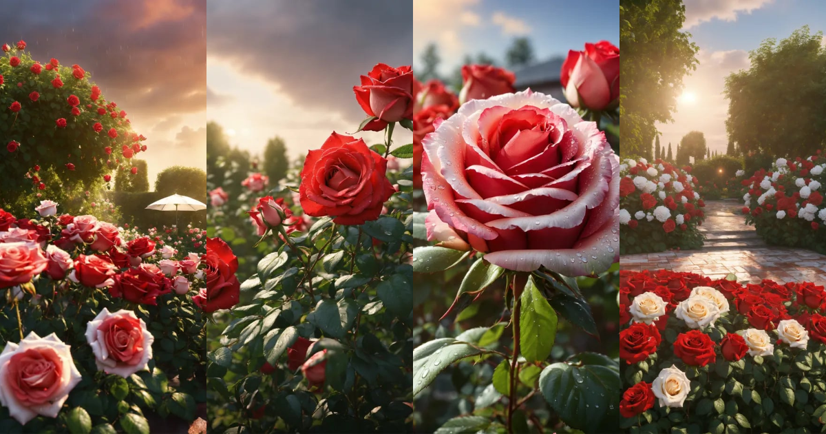 Lexica - Rose garden with red and white roses in the morning sun after ...