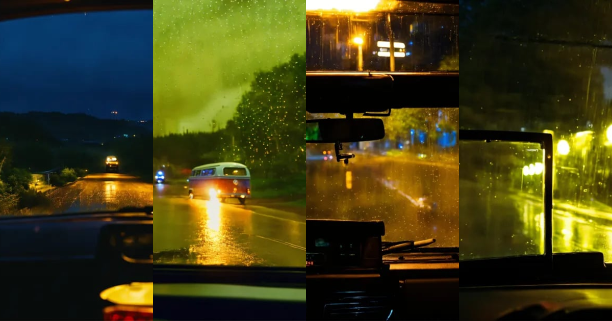Lexica - Car rear window view, rainy glass, VW bus with high beams ...