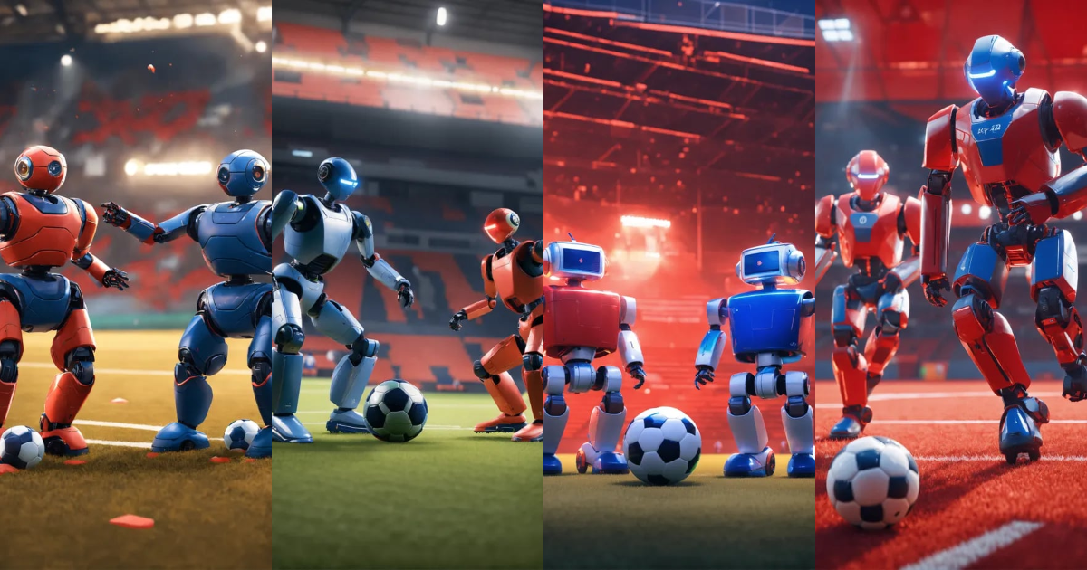 Lexica - Two robot soccer players are playing a game of soccer, in the ...