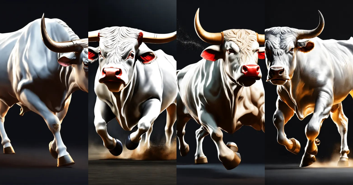 Lexica - White charging running angry white bull profile side view ...
