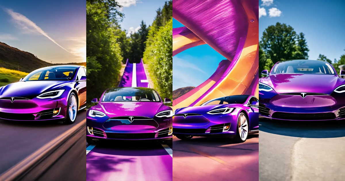 Lexica - Happy purple tesla with electricity sunny day going down a slide