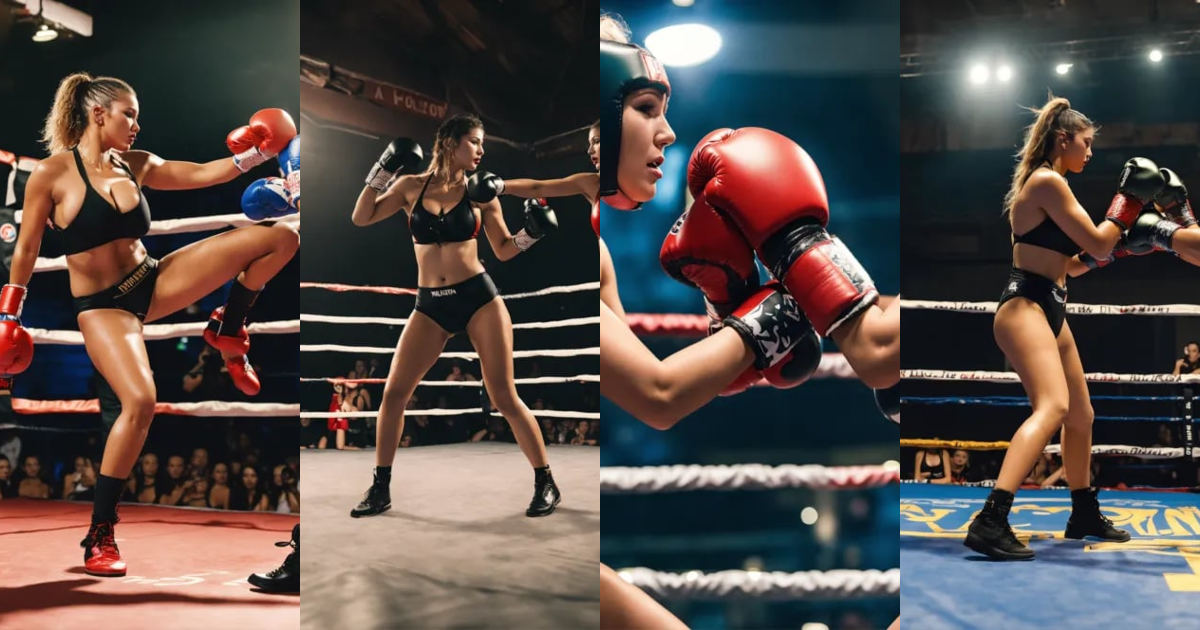 Lexica - Two females, in monokini, 38D cup, fighting in boxing ring