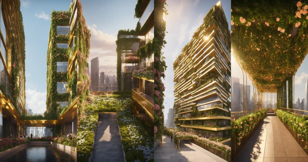 Lexica - Two tall modern , ivy and gold skyscrapers, connected by solid ...