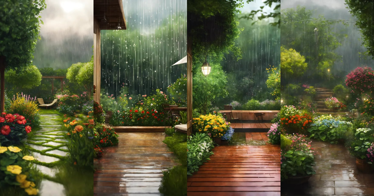 Lexica - Garden atmosphere raining. Realistic landscape