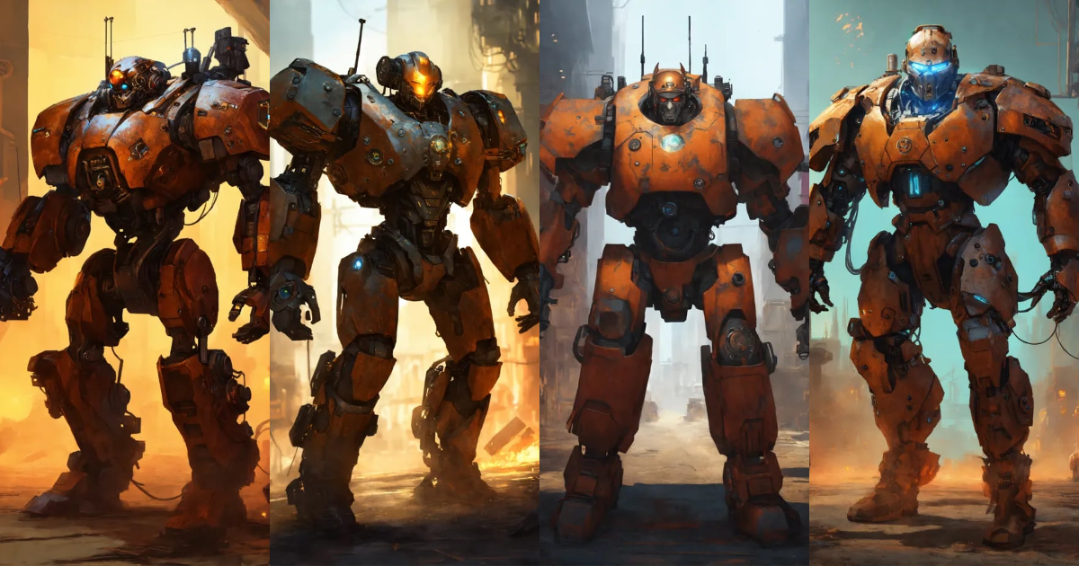 Lexica - An evil cyborg with a rusty, bulky body charges forward