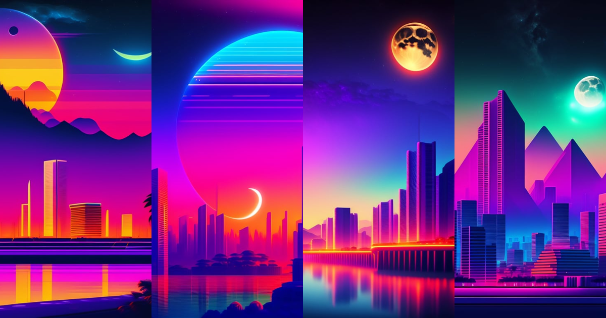 Lexica - Synthwave town with moon background, sharp focus,