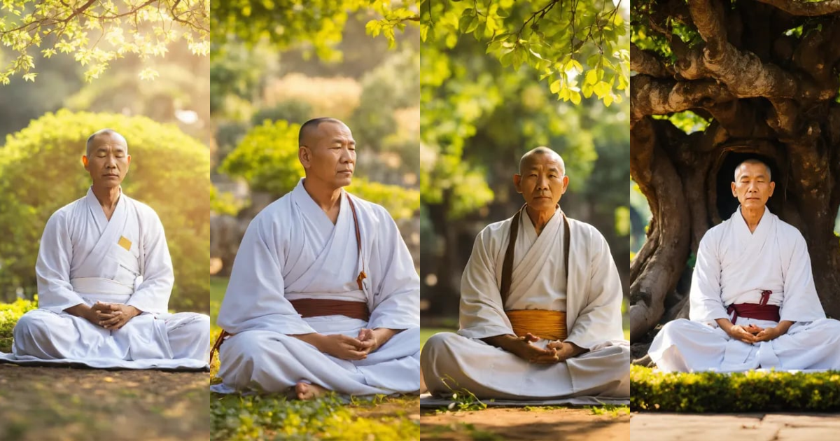 Lexica - Wise monk wearing white clothes sitting in meditation under a ...