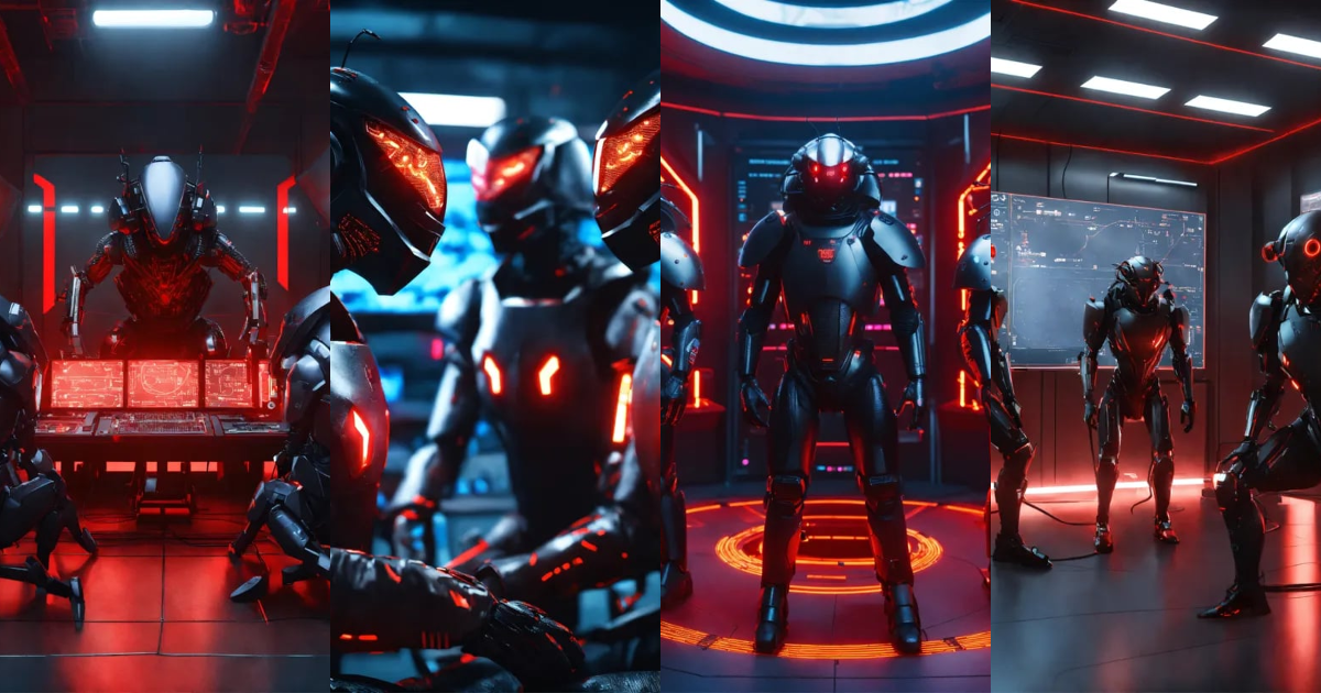 Lexica - 3 black cockroach faced humanoids with red glowing eyes and ...