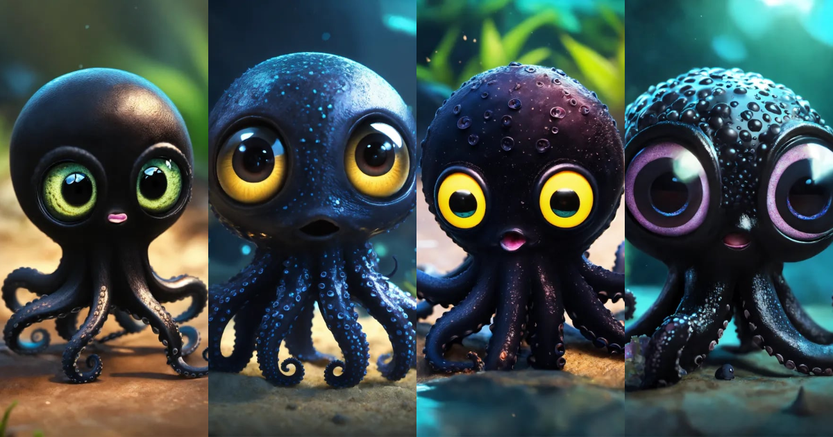 Lexica - A cute all black baby octopus with big eyes, animated, cartoon ...
