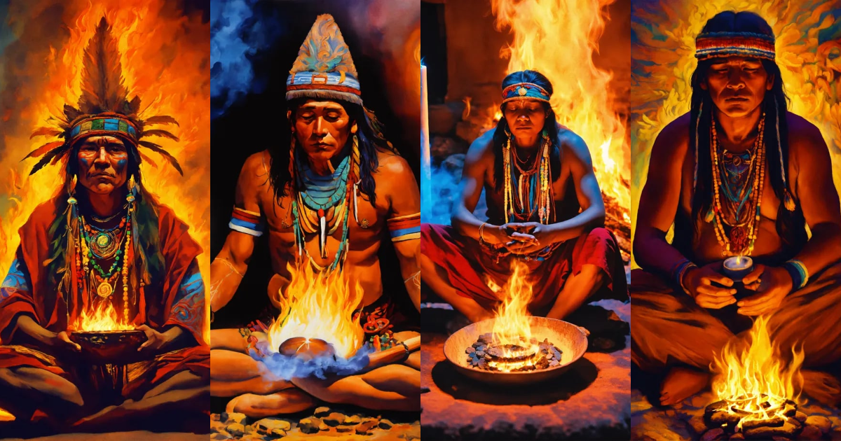 Lexica - Drawing shaman from peru sitted in front of fire, watching us ...