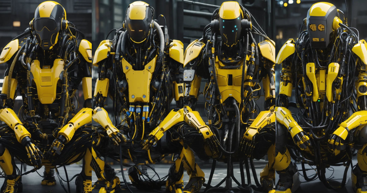 Lexica - Faceless cyberpunk robot with many cables and hoses sitting ...