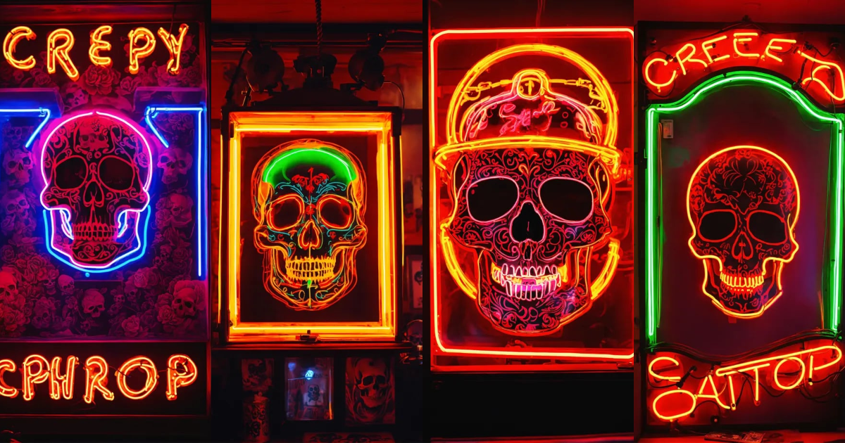 Lexica - Creepy tattoo shop, Skull, neon sign, tattoo skull, skulls ...