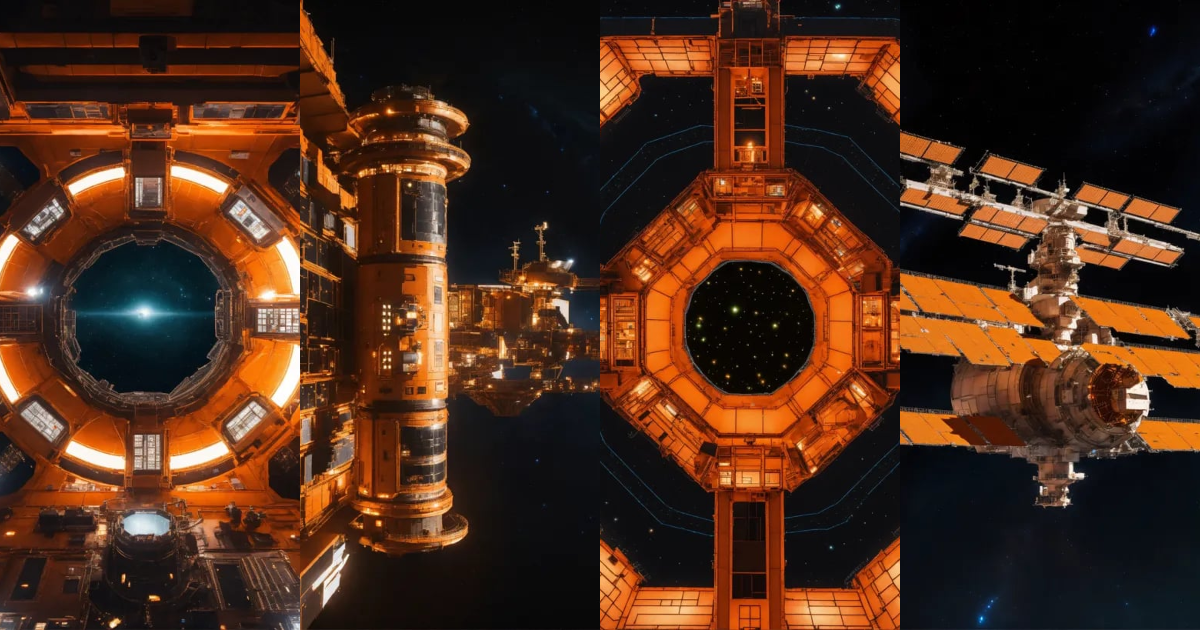 Lexica - Entire giant orange space station in dark space from top with ...