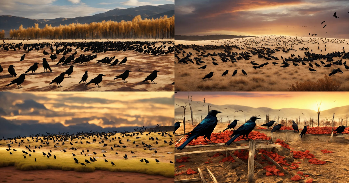 Lexica - 3d picture of a flock of crows sitting on dried land