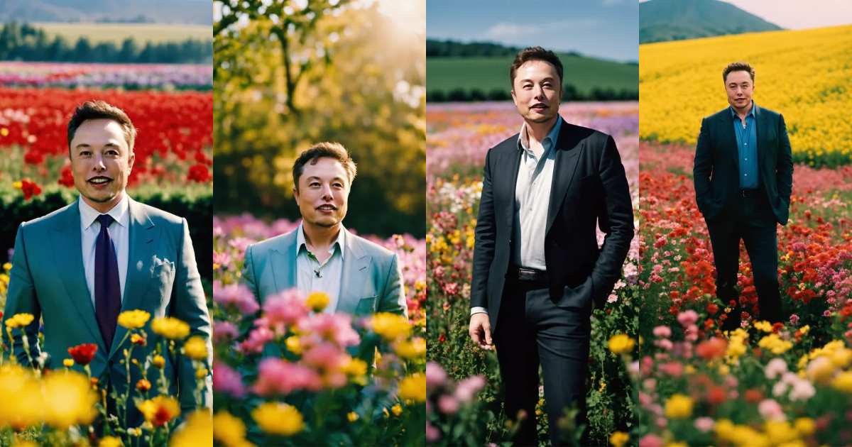 Lexica - Happy Elon Musk standing in a beautiful field of flowers