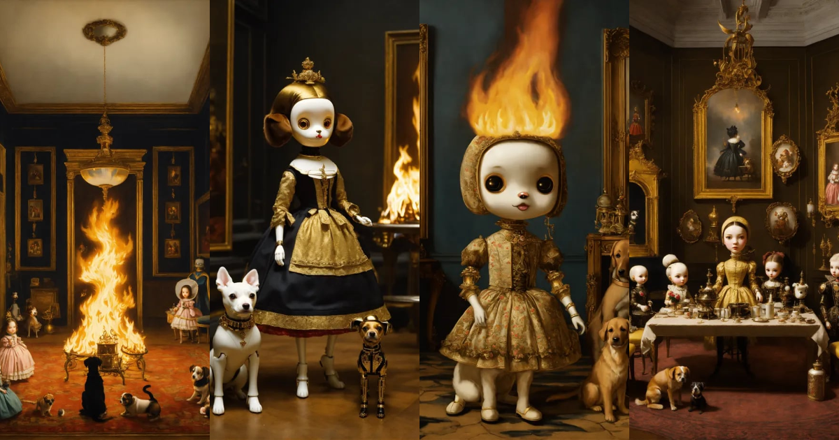 Lexica - Las meninas made by robots,dogs on fire, flames, Victorian age ...