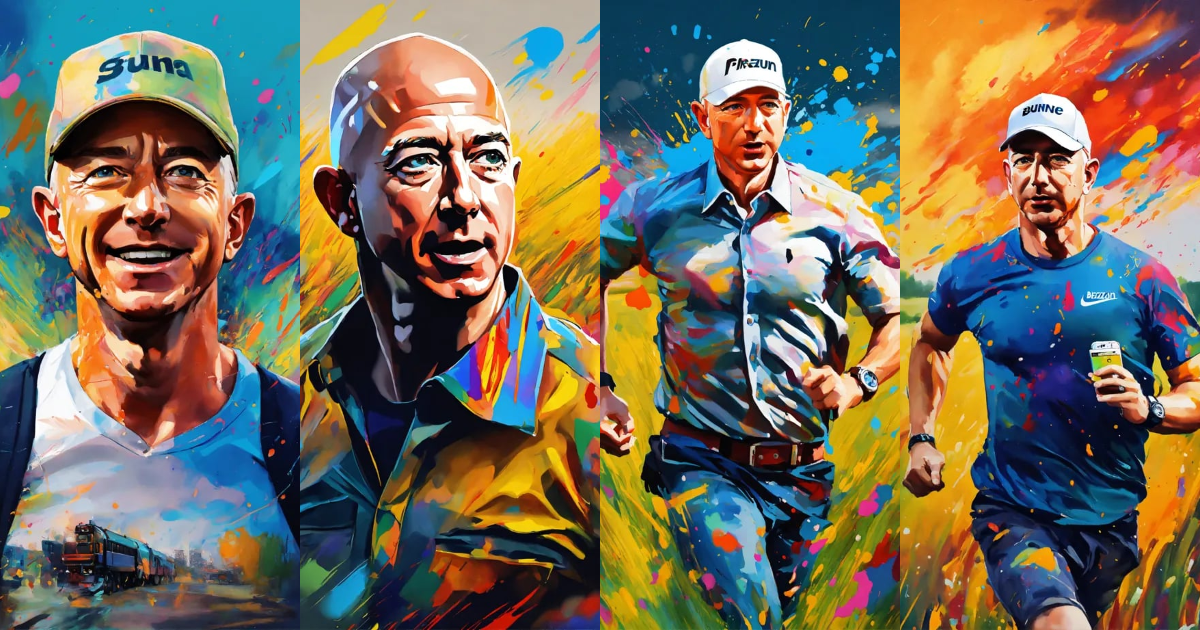 Lexica - A painting of 'Jeff Bezos' running with a cap no text, and t ...