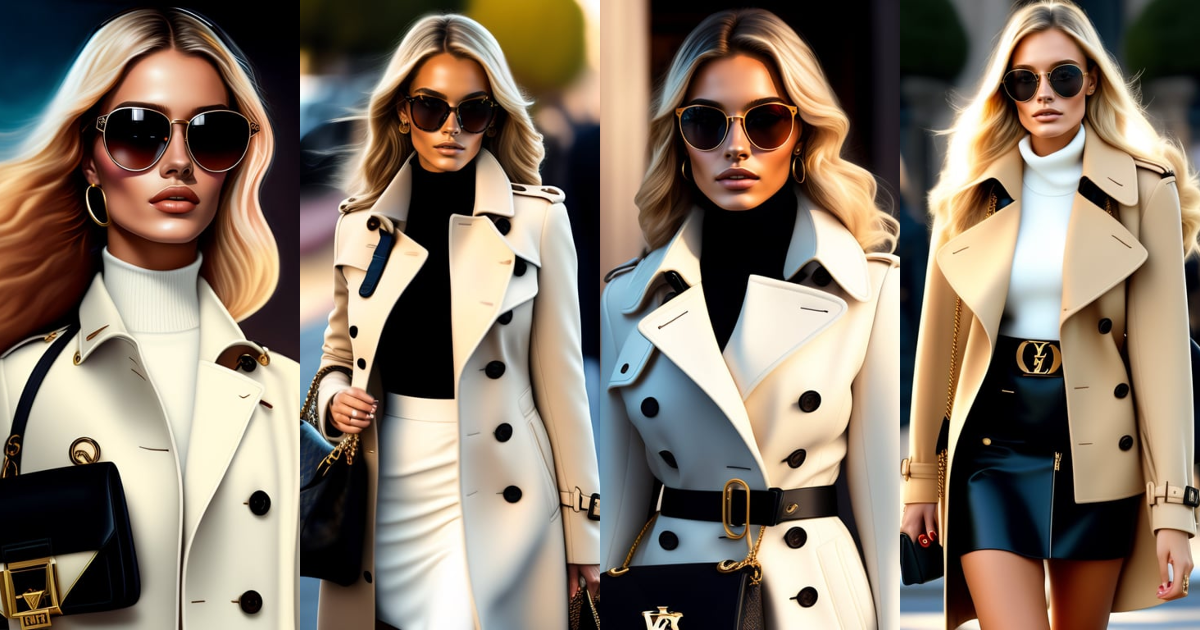 Lexica - Young blonde woman with square sunglasses wearing an open Burberry trench  coat, from the right shoulder hangs a Louis Vuitton Batignolles ha