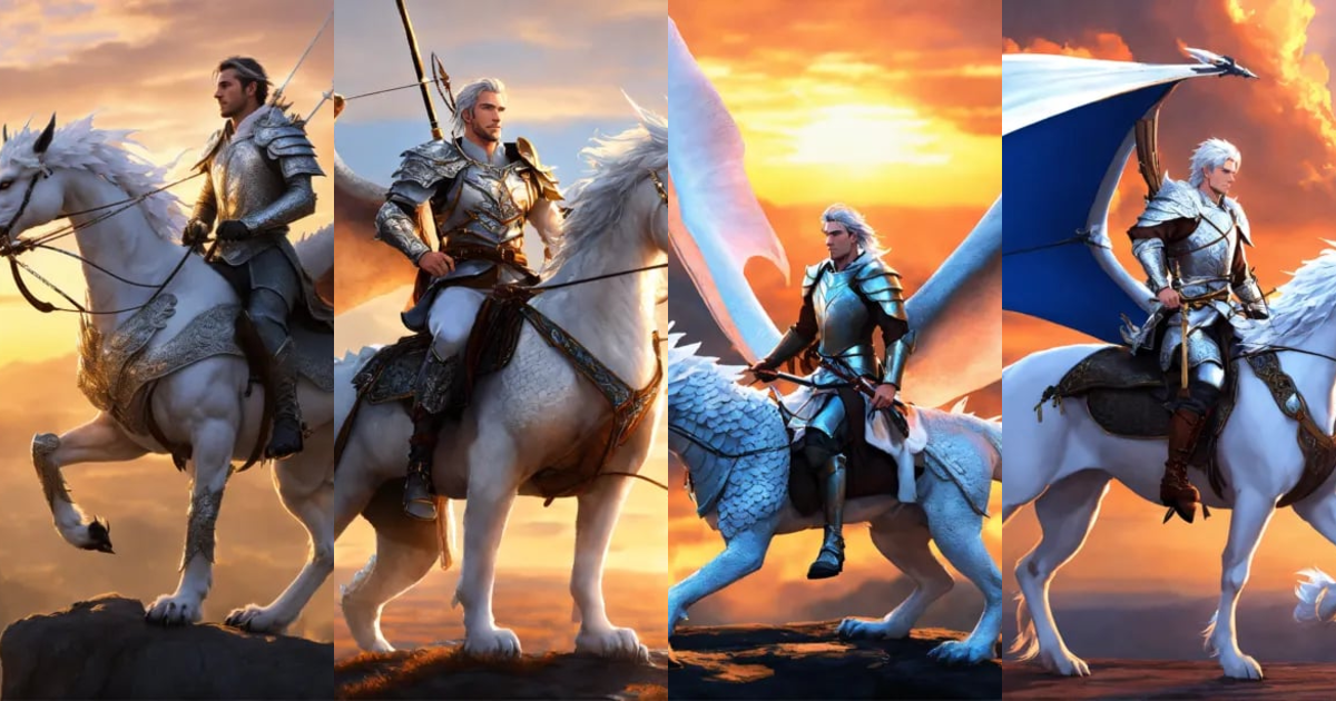 Lexica - A handsome silver archer rides on a beautiful white dragon ...