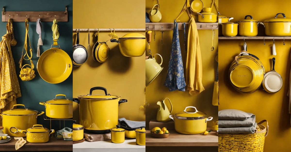 Lexica - Different elements of yellow cookware and a luxury hand bag ...