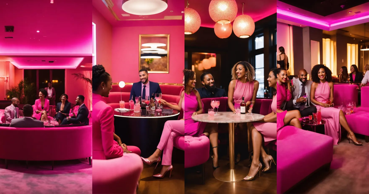 Lexica - A long shot of a group mixed race entrepreneurs in a dark pink ...