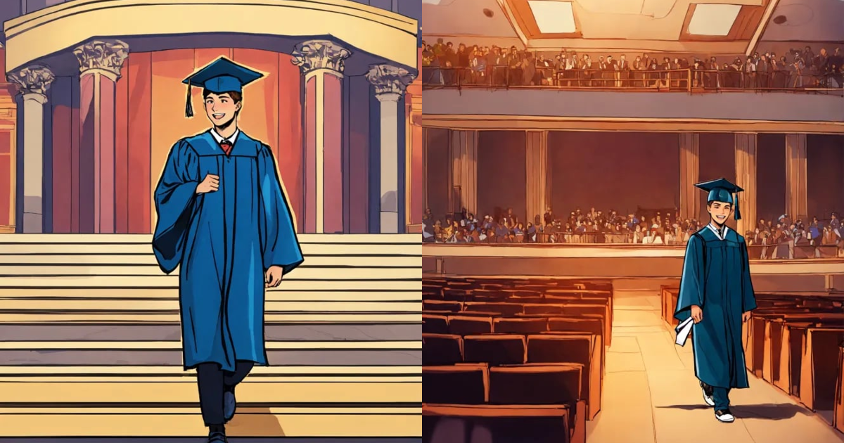 Lexica - Comic a young guy graduating from the University, his walking ...