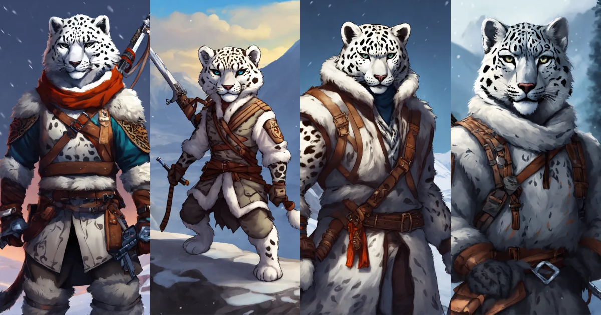 Lexica - Anthropomorphic snow leopard assassin, tundra background
