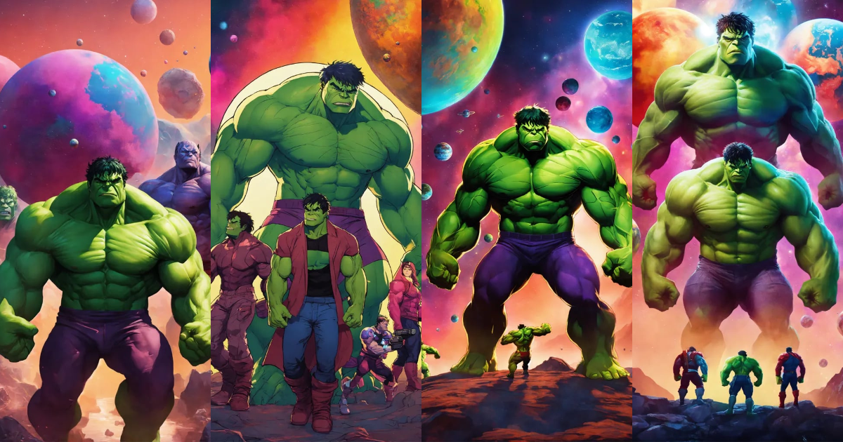 Lexica - Five Hulk together In Multiverse, colorful background, 2D ...