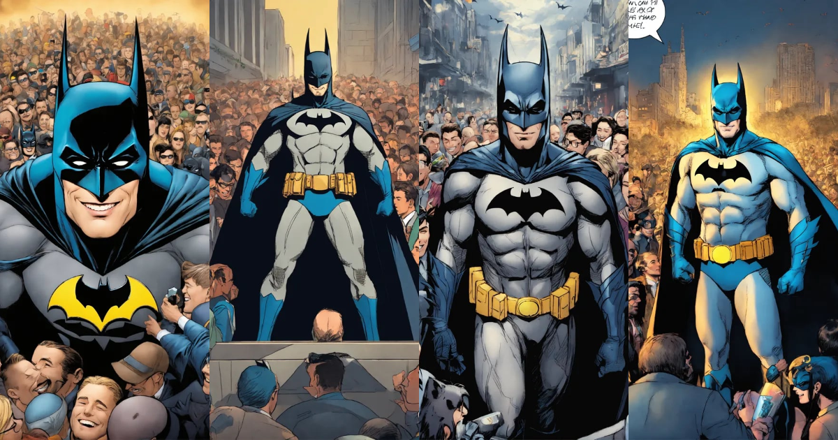 Lexica - Batman is surrounded by many people and praises him, a smile ...